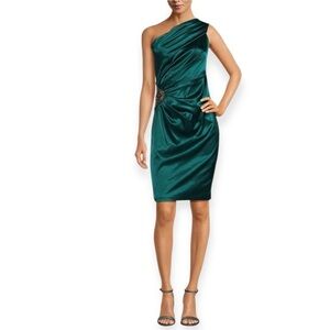 ELIZA J One Shoulder Sleeveless Satin Beaded Sheath Dress Hunter Green Size 8